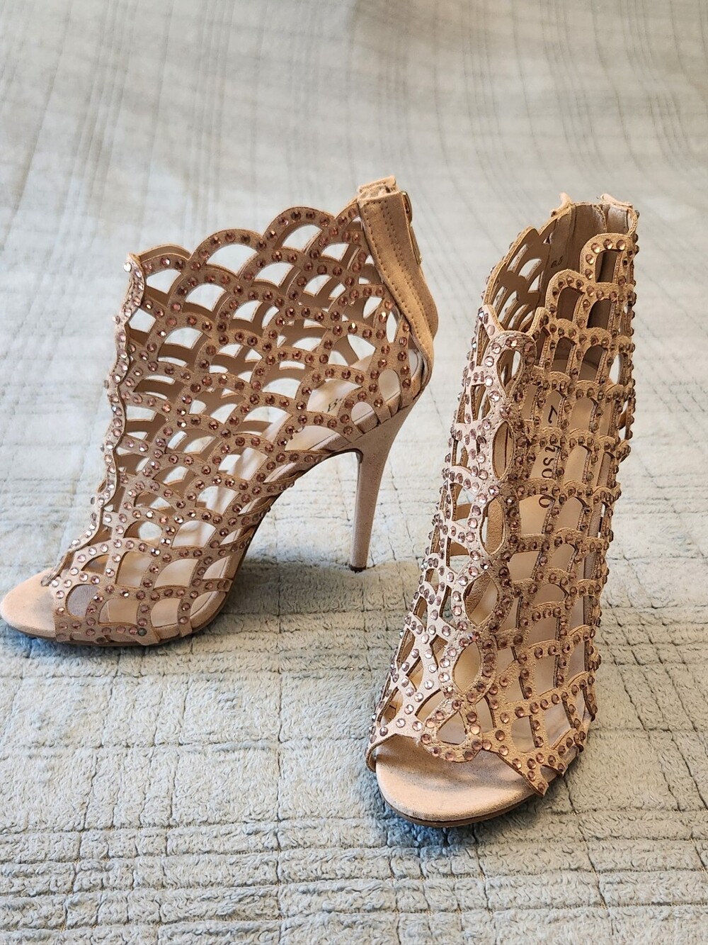 Women's Nude Cutout High Heel Sandals with Stud/ Rhinestone Detail, 6.5